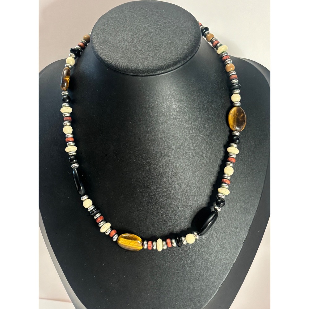 Chaps Beaded Necklace Tigers Eye Black Cream Silver Tone Button Toggle 18 Inch